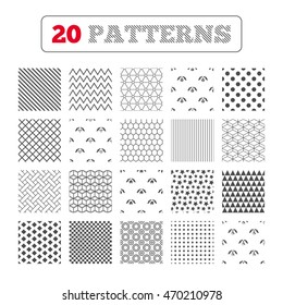 Ornament patterns, diagonal stripes and stars. Hands insurance icons. Money bag savings insurance symbols. Disabled human help symbol. House property insurance sign. Geometric textures. Vector
