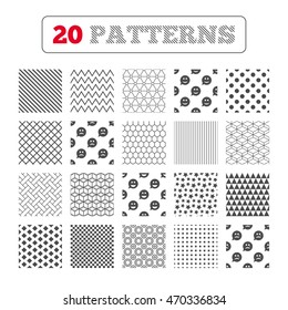 Ornament patterns, diagonal stripes and stars. Speech bubble smile face icons. Happy, sad, cry signs. Happy smiley chat symbol. Sadness depression and crying signs. Geometric textures. Vector