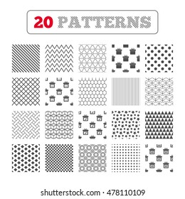 Ornament patterns, diagonal stripes and stars. Gift box sign icons. Present with bow symbols. Photo camera sign. Woman shoes. Geometric textures. Vector