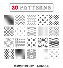 Ornament patterns, diagonal stripes and stars. Furniture icons. Cupboard, chair and TV table signs. Modern armchair symbol. Geometric textures. Vector