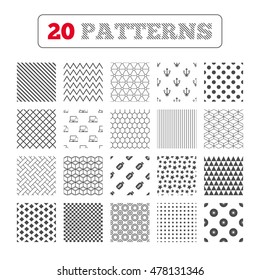Ornament patterns, diagonal stripes and stars. Usb flash drive icons. Notebook or Laptop pc symbols. Smartphone device. CD or DVD sign. Compact disc. Geometric textures. Vector