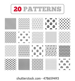 Ornament patterns, diagonal stripes and stars. Sale speech bubble icons. Buy now arrow symbols. Black friday gift box signs. Big sale shopping bag. Geometric textures. Vector