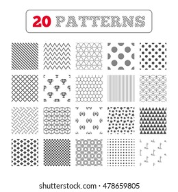 Ornament patterns, diagonal stripes and stars. Golf ball icons. Laurel wreath winner award cup sign. Luxury sport symbol. Geometric textures. Vector