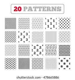 Ornament patterns, diagonal stripes and stars. First, second and third place icons. Award medal sign symbol. Geometric textures. Vector