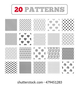 Ornament patterns, diagonal stripes and stars. Valentine day love icons. Target aim with heart symbol. Couple lovers sign. Geometric textures. Vector