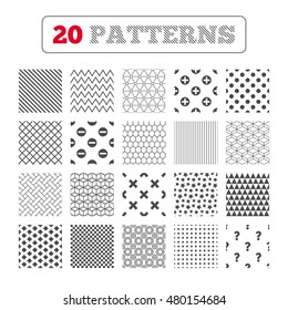 Ornament patterns, diagonal stripes and stars. Plus and minus icons. Delete and question FAQ mark signs. Enlarge zoom symbol. Geometric textures. Vector