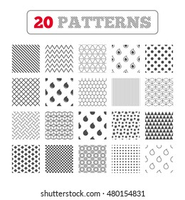Ornament patterns, diagonal stripes and stars. Water drop icons. Tear or Oil drop symbols. Geometric textures. Vector