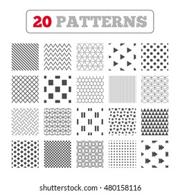Ornament patterns, diagonal stripes and stars. Player navigation icons. Play, stop and pause signs. Next song symbol. Geometric textures. Vector