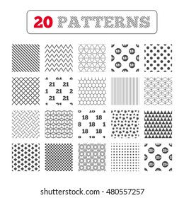 Ornament patterns, diagonal stripes and stars. Adult content icons. Eighteen and twenty-one plus years sign symbols. Geometric textures. Vector