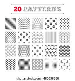 Ornament patterns, diagonal stripes and stars. Sale speech bubble icon. Discount star symbol. Big sale shopping bag sign. First month free medal. Geometric textures. Vector