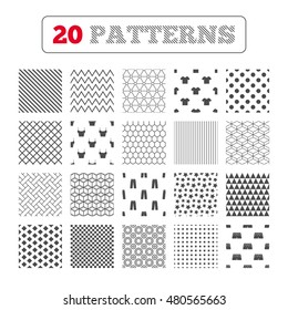 Ornament patterns, diagonal stripes and stars. Clothes icons. T-shirt and pants with shorts signs. Swimming trunks symbol. Geometric textures. Vector
