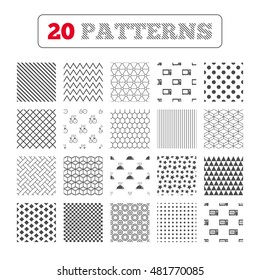 Ornament patterns, diagonal stripes and stars. Microwave grill oven icons. Cooking apple and pear signs. Food platter serving symbol. Geometric textures. Vector