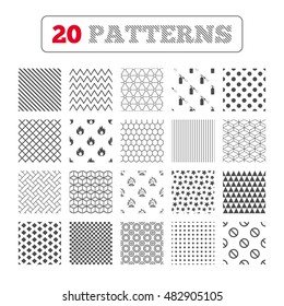Ornament patterns, diagonal stripes and stars. Fire flame icons. Fire extinguisher sign. Prohibition stop symbol. Geometric textures. Vector