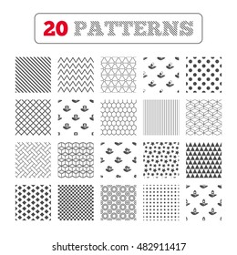 Ornament patterns, diagonal stripes and stars. Helping hands icons. Medical health insurance symbols. Drugs pills bottle signs. Medicine tablets. Geometric textures. Vector