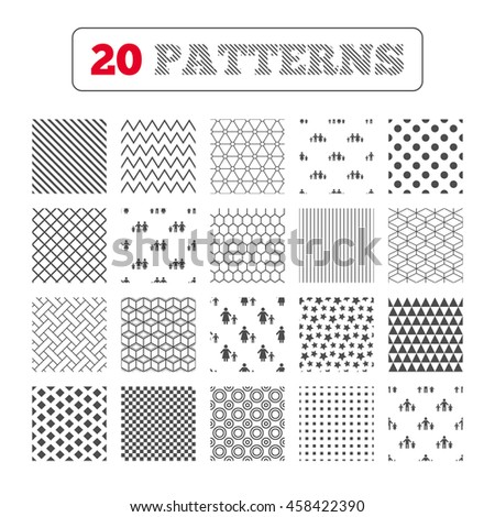 Ornament patterns, diagonal stripes and stars. Family with two children icon. Parents and kids symbols. One-parent family signs. Mother and father divorce. Geometric textures. Vector