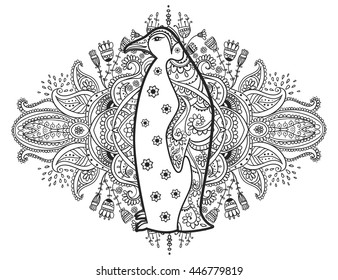 Ornament penguin vector. Beautiful illustration for design, print clothing, stickers, tattoos, Adult Coloring book. Hand drawn animal illustration. Penguin lace ornamental