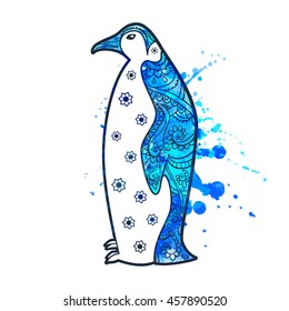 Ornament penguin vector. Beautiful illustration for design, print clothing, stickers, tattoos, Adult Coloring book. 