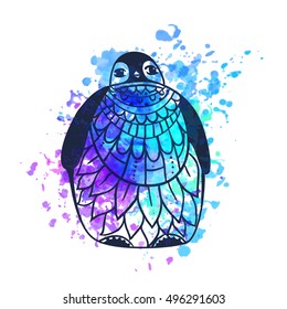 Ornament penguin vector. Beautiful illustration for design, print clothing, stickers, tattoos, Adult Coloring. Hand drawn animal illustration. Penguin lace ornamental