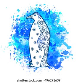 Ornament penguin vector. Beautiful illustration penguin for design, print clothing, stickers, tattoos, Adult Coloring book. Hand drawn animal illustration. Penguin lace ornamental