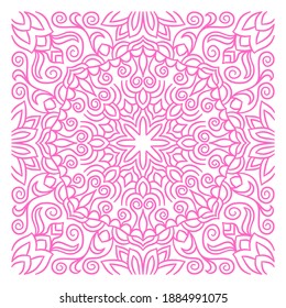 Ornament of pink silhouette flowers, twisted leaves in a square.