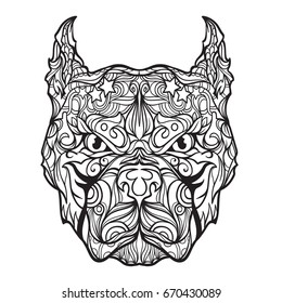 Ornament pitbull face in line art style, vector illustration isolated on white background, image for coloring book