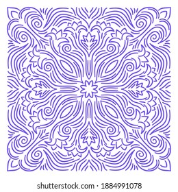 Ornament of purple silhouette flowers, twisted leaves in a square.