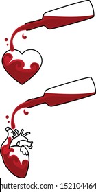 the ornament of a real heart and heart is filled with wine from a bottle