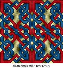 Ornament with red and blue on a beige background, seamless knitting vector pattern as a fabric texture