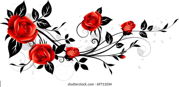 Ornament with red roses. Floral twigs