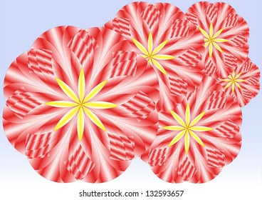 Ornament of the red shapes and their centers are stylized yellow spring flowers on clear blue sky