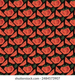 Ornament mit einem regelmäßigen Rhythmus. Hintergrundfüllung. Kontrastdarstellung. Gesunde Ernährung. Tomate mit Samen und einem grünen Blatt.