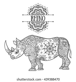Ornament rhino vector. Beautiful illustration for design, print clothing, stickers, tattoos, Adult Coloring book with rhino. Hand drawn animal illustration. Rhinocero lace ornamental