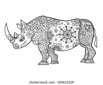 Ornament rhino vector. Beautiful illustration rhinocero for design, print clothing, stickers, tattoos, Adult Coloring book with rhino. Hand drawn animal illustration. Rhinocero lace ornamental