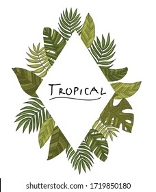 Ornament, rhombus frame border, hand drawn tropical or forest leaves with many shades of green, oval or ovoid type. Sketch inscription topical. Vector composition. Isolated white background