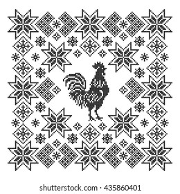 Ornament with rooster. Cross stitch. Scheme of knitting and embroidery. Vector pattern.