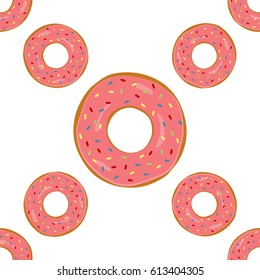Ornament of round donuts with glaze. Seamless pattern. White, pink, brown, blue, red, green, yellow. Vector illustration.