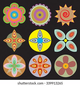 Ornament round flower set like mandala. Geometric circle floral vector elements. Modern, contemporary, ethnic ornamental floral designs. Oriental indian, chinese style.