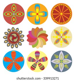 Ornament round flower set like mandala. Geometric circle floral vector elements. Modern, contemporary, ethnic ornamental floral designs. Oriental indian, chinese style.