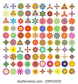 Ornament round flower set like mandala. Geometric circle floral vector elements. Modern, contemporary, ethnic ornamental floral designs. Oriental indian, chinese style.