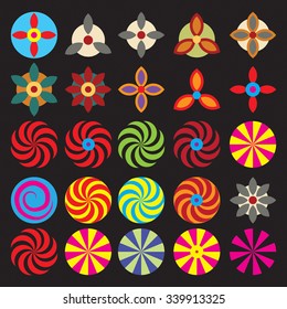 Ornament round flower set like mandala. Geometric circle floral vector elements. Modern, contemporary, ethnic ornamental floral designs. Oriental indian, chinese style.