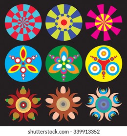 Ornament round flower set like mandala. Geometric circle floral vector elements. Modern, contemporary, ethnic ornamental floral designs. Oriental indian, chinese style.