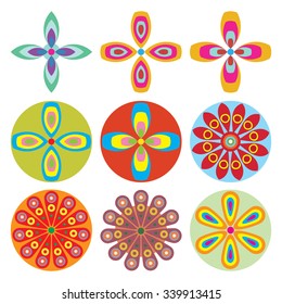 Ornament round flower set like mandala. Geometric circle floral vector elements. Modern, contemporary, ethnic ornamental floral designs. Oriental indian, chinese style.