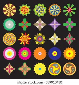 Ornament round flower set like mandala. Geometric circle floral vector elements. Modern, contemporary, ethnic ornamental floral designs. Oriental indian, chinese style.