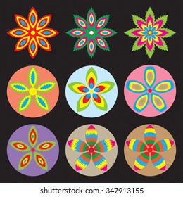 Ornament round flower set like mandala. Geometric circle floral vector elements. Modern, contemporary, ethnic ornamental floral designs. Oriental indian, chinese style.