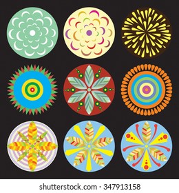 Ornament round flower set like mandala. Geometric circle floral vector elements. Modern, contemporary, ethnic ornamental floral designs. Oriental indian, chinese style.