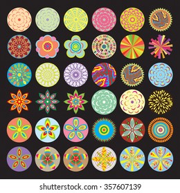 Ornament round flower set like mandala. Geometric circle floral vector elements. Modern, contemporary, ethnic ornamental floral designs. Oriental indian, chinese style.