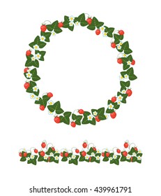 ornament and round frame with berries and leaves of wild strawberry, vector illustration