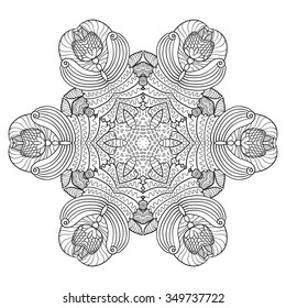 Ornament round mandala. Round lace pattern. Ethnic decorative element. Hand-drawn zen doodle background. Islam, Arabic, Indian motif. Tribal zentangle for henna, tattoo, mehndi, mehdi.
