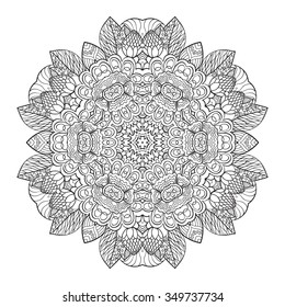 Ornament round mandala. Round lace pattern. Ethnic decorative element. Hand-drawn zen doodle background. Islam, Arabic, Indian motif. Tribal zentangle for henna, tattoo, mehndi, mehdi.