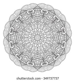 Ornament round mandala. Round lace pattern. Ethnic decorative element. Hand-drawn zen doodle background. Islam, Arabic, Indian motif. Tribal zentangle for henna, tattoo, mehndi, mehdi.